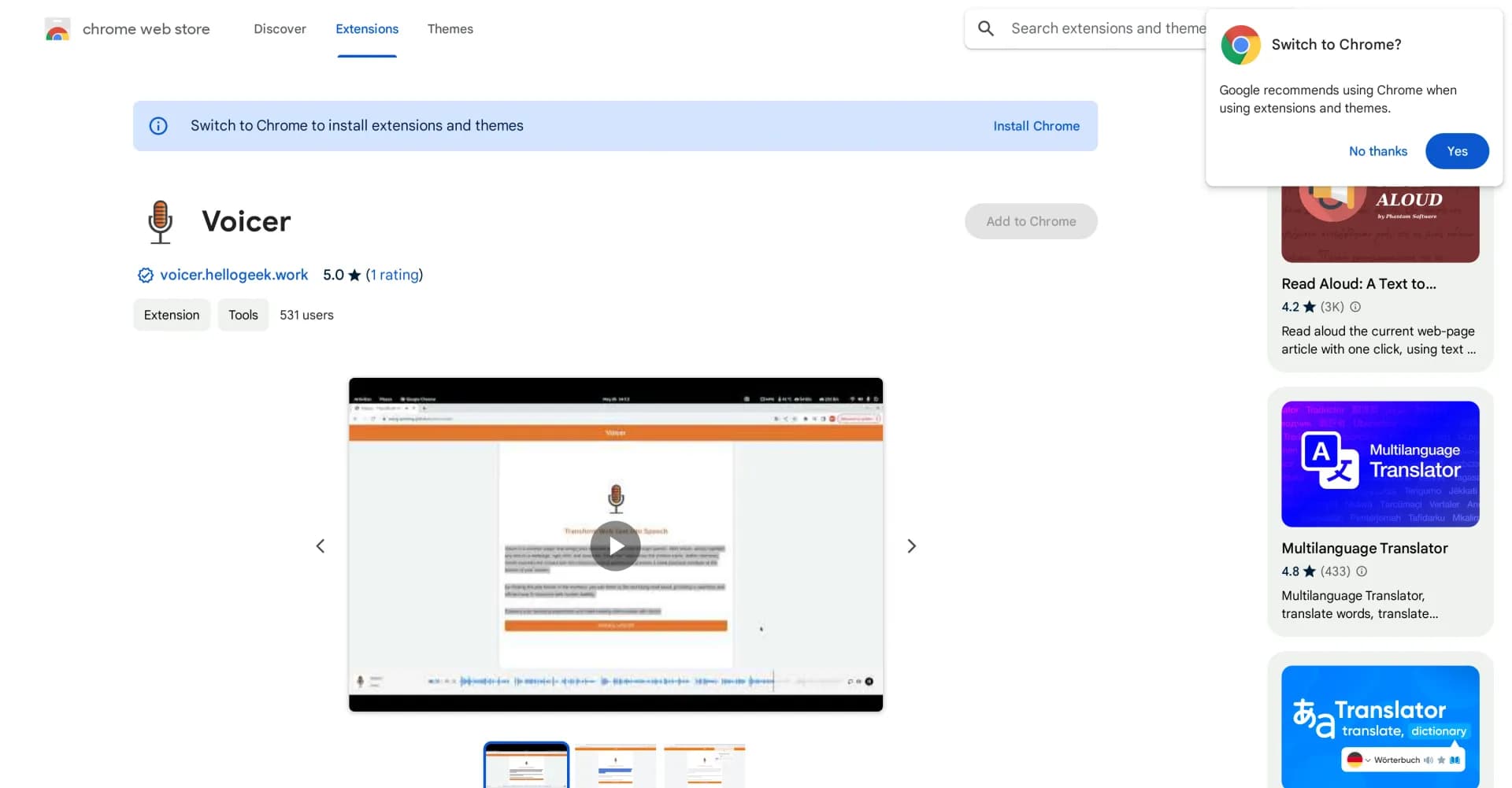 Voicer homepage screenshot — Bringing your selected web text to life through speech