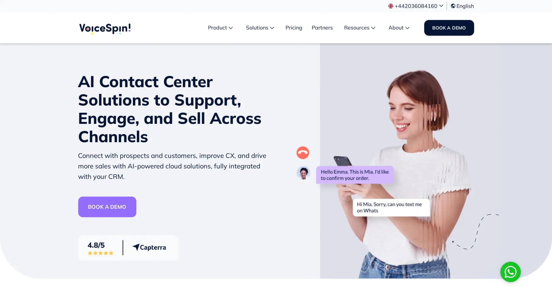 VoiceSpin homepage screenshot — Amplify sales and productivity with advanced contact center 