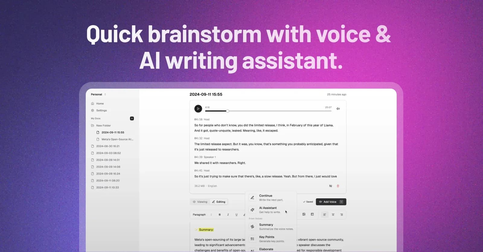 VoiceTaking homepage screenshot — Log thoughts with voice and AI analysis.