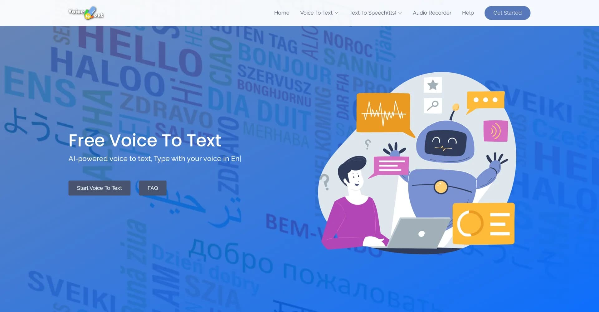VoiceToText homepage screenshot — Type with your voice using AI-powered speech recognition.