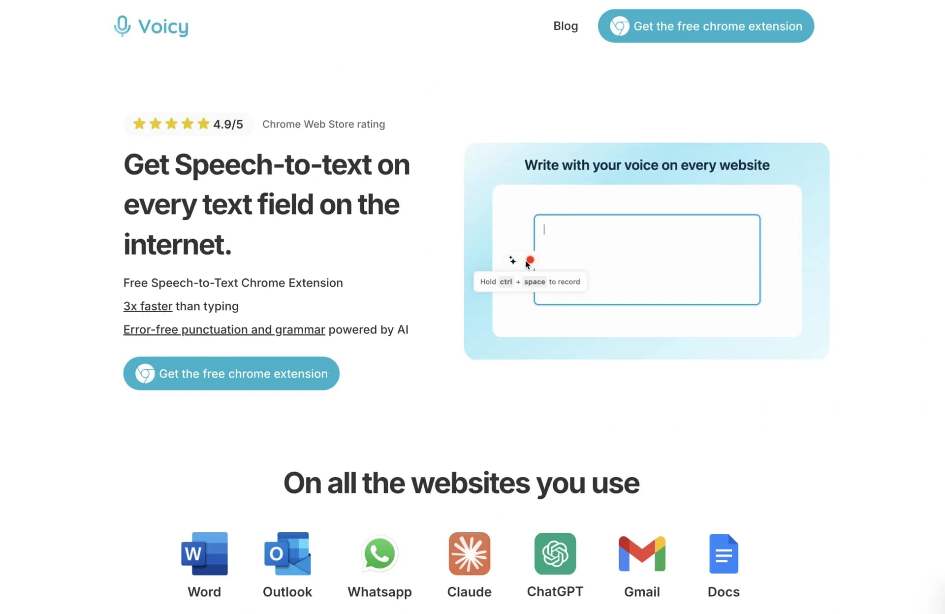 Voicy Speech to Text homepage screenshot — Speech-to-text everywhere, 3x faster than typing.