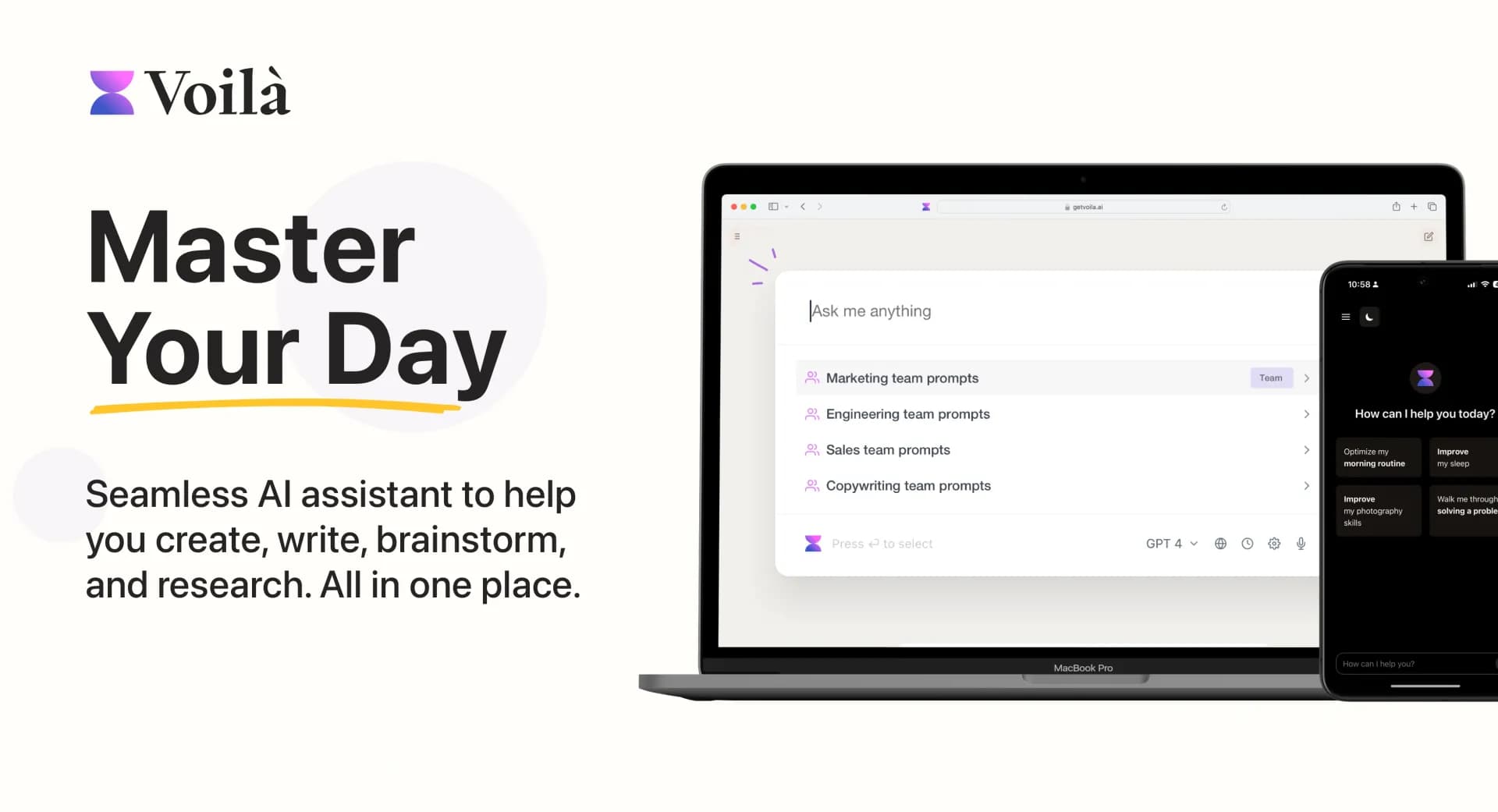 Voilav2.0.0 homepage screenshot — Seamless AI assistant to help you create, write, brainstorm,