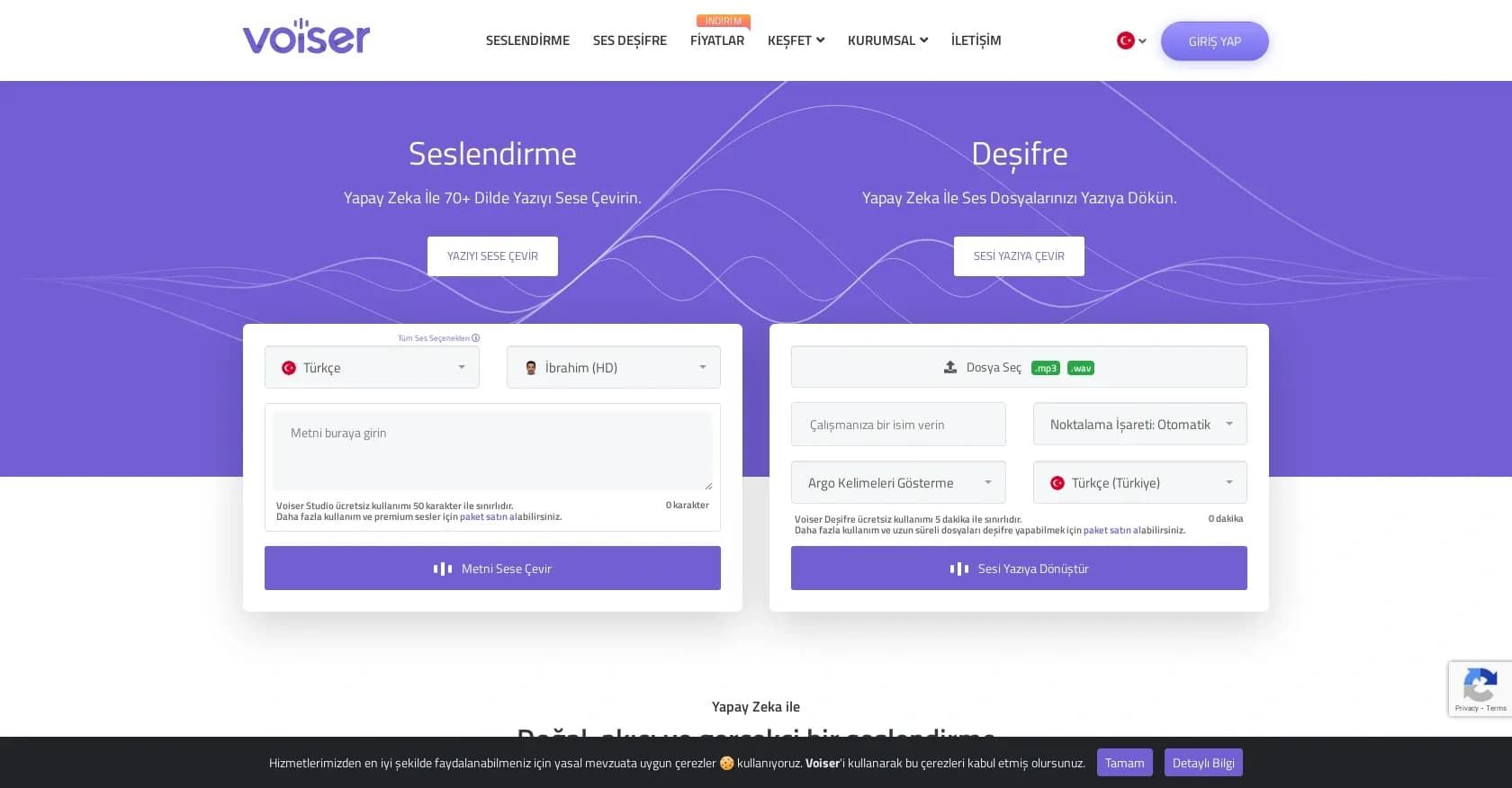 Voiser homepage screenshot — Transform text into lifelike speech in 70+ languages