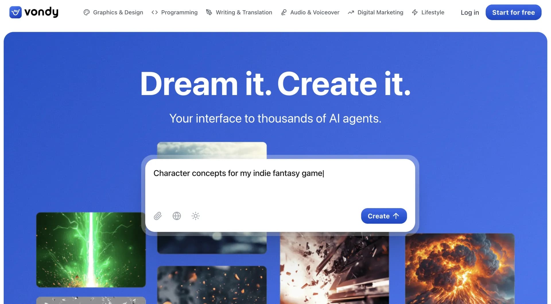 Vondy homepage screenshot — Create and explore AI-powered apps for anything