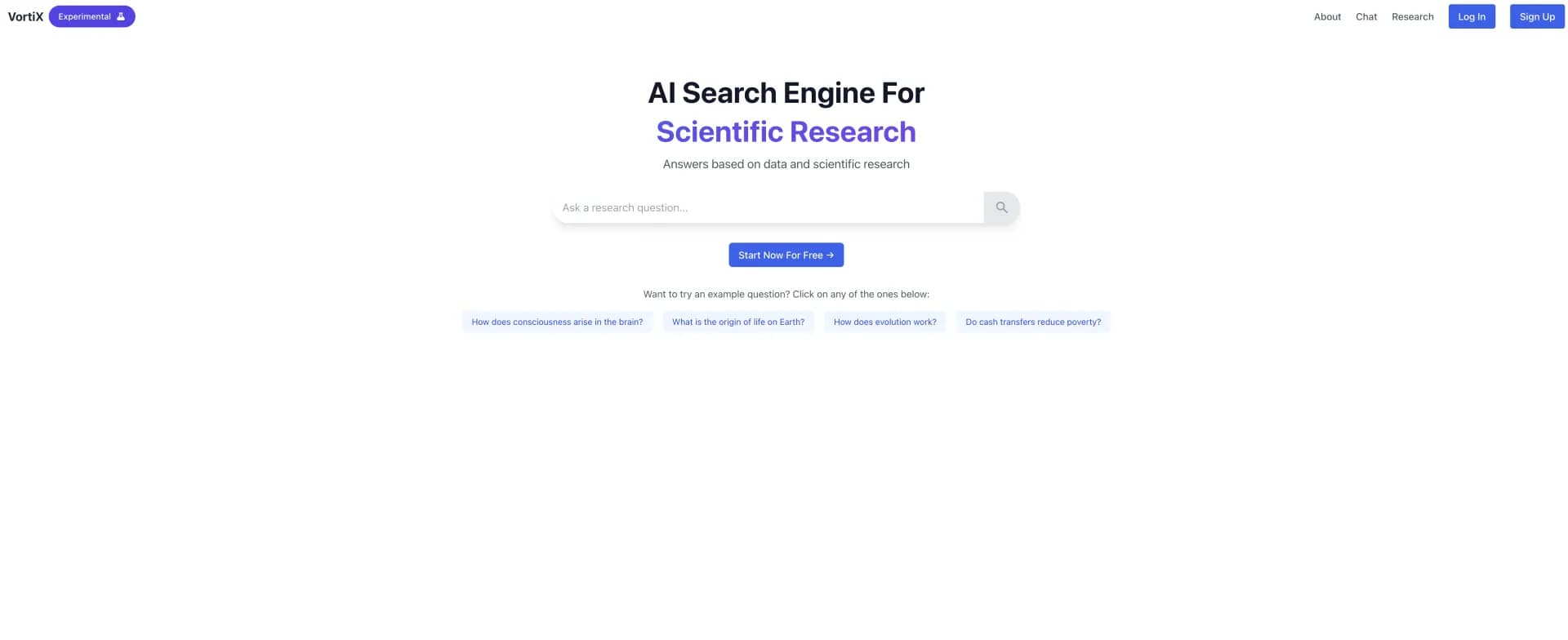 Vortex homepage screenshot — AI-powered search for faster scientific breakthroughs.