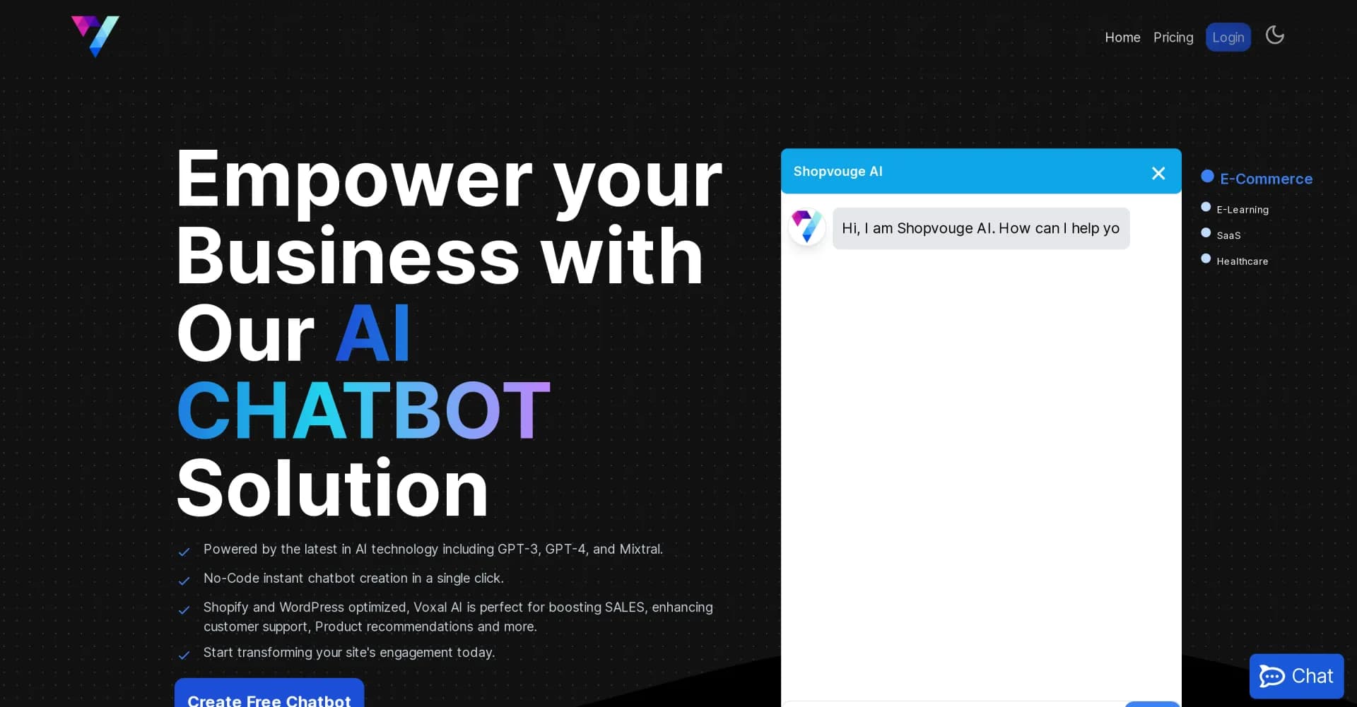 Voxal homepage screenshot — Boost sales & support with AI chatbots