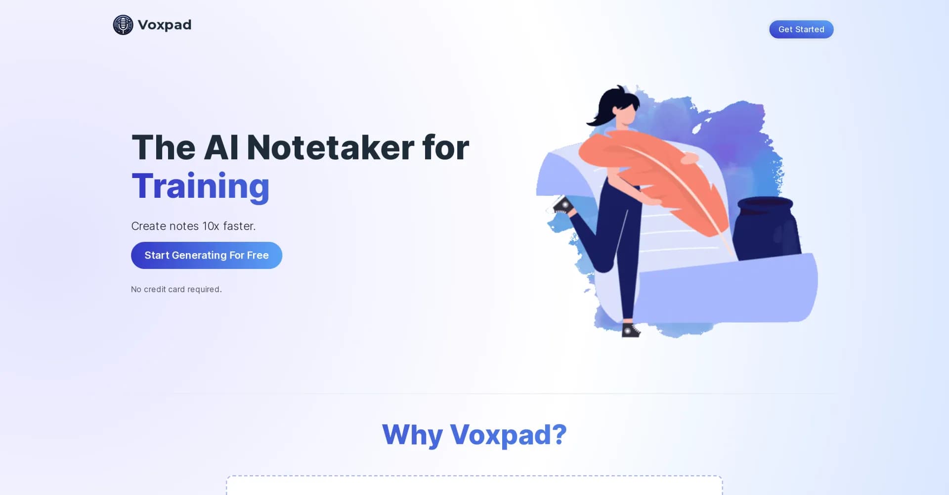 Voxpad homepage screenshot — Convert video and audio into detailed notes 10x faster.