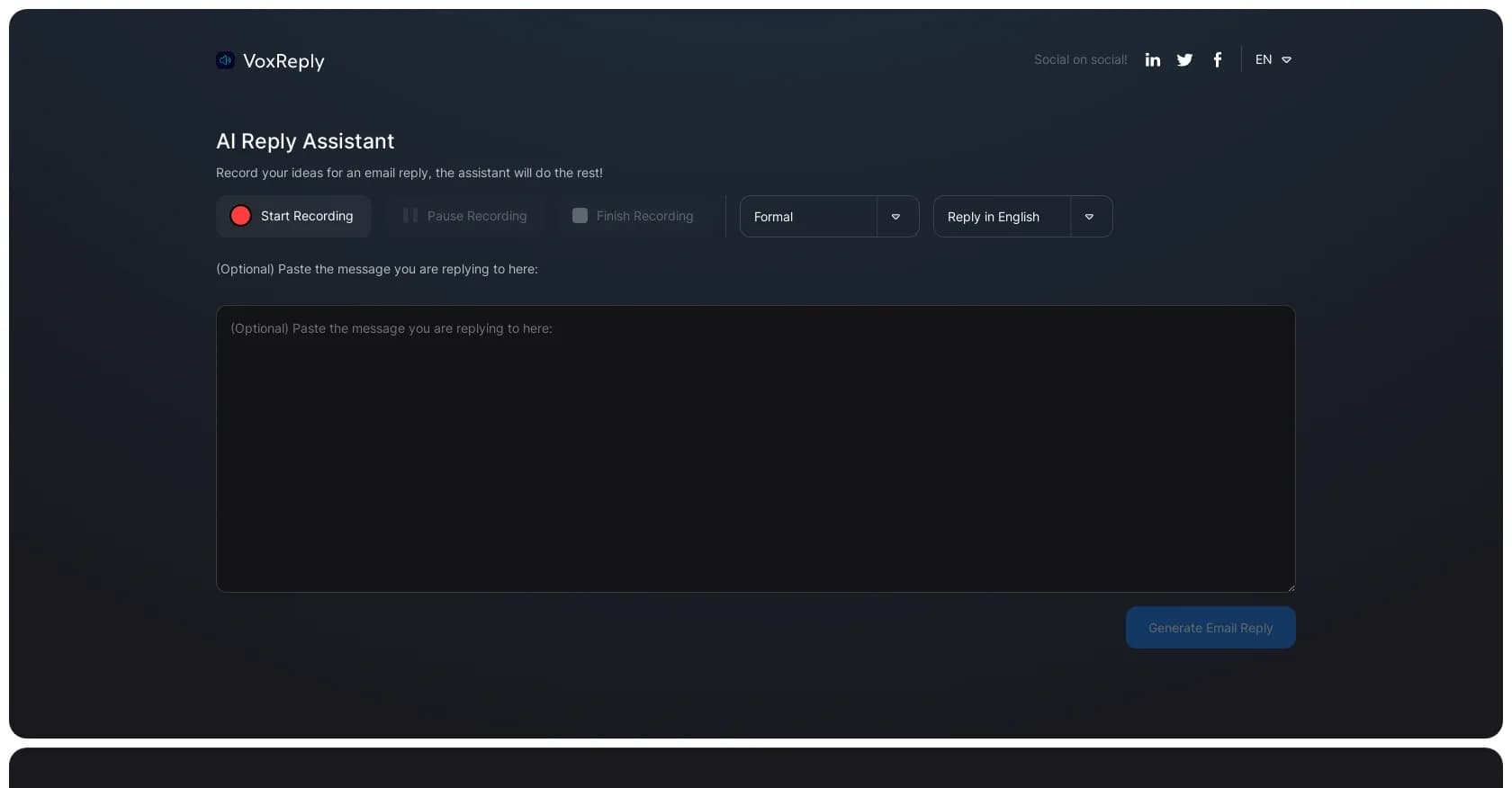 VoxReplay homepage screenshot — Voice-to-email: Speak your reply, AI writes it.