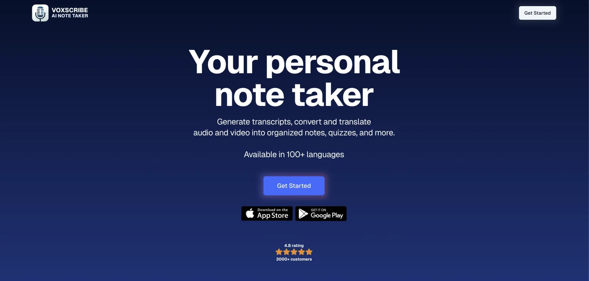 Voxscribe: AI Note Taker homepage screenshot — Transform Your Voice into Engaging Social Media Content