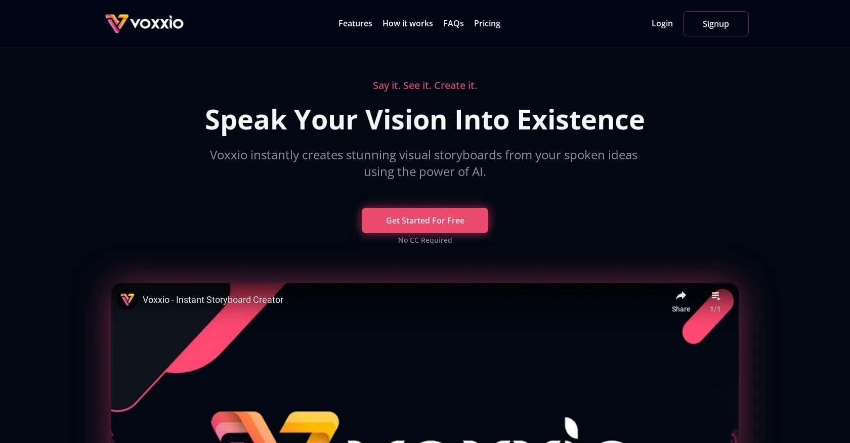 Voxxio homepage screenshot — Visual ideas transformed into illustrated storyboards.