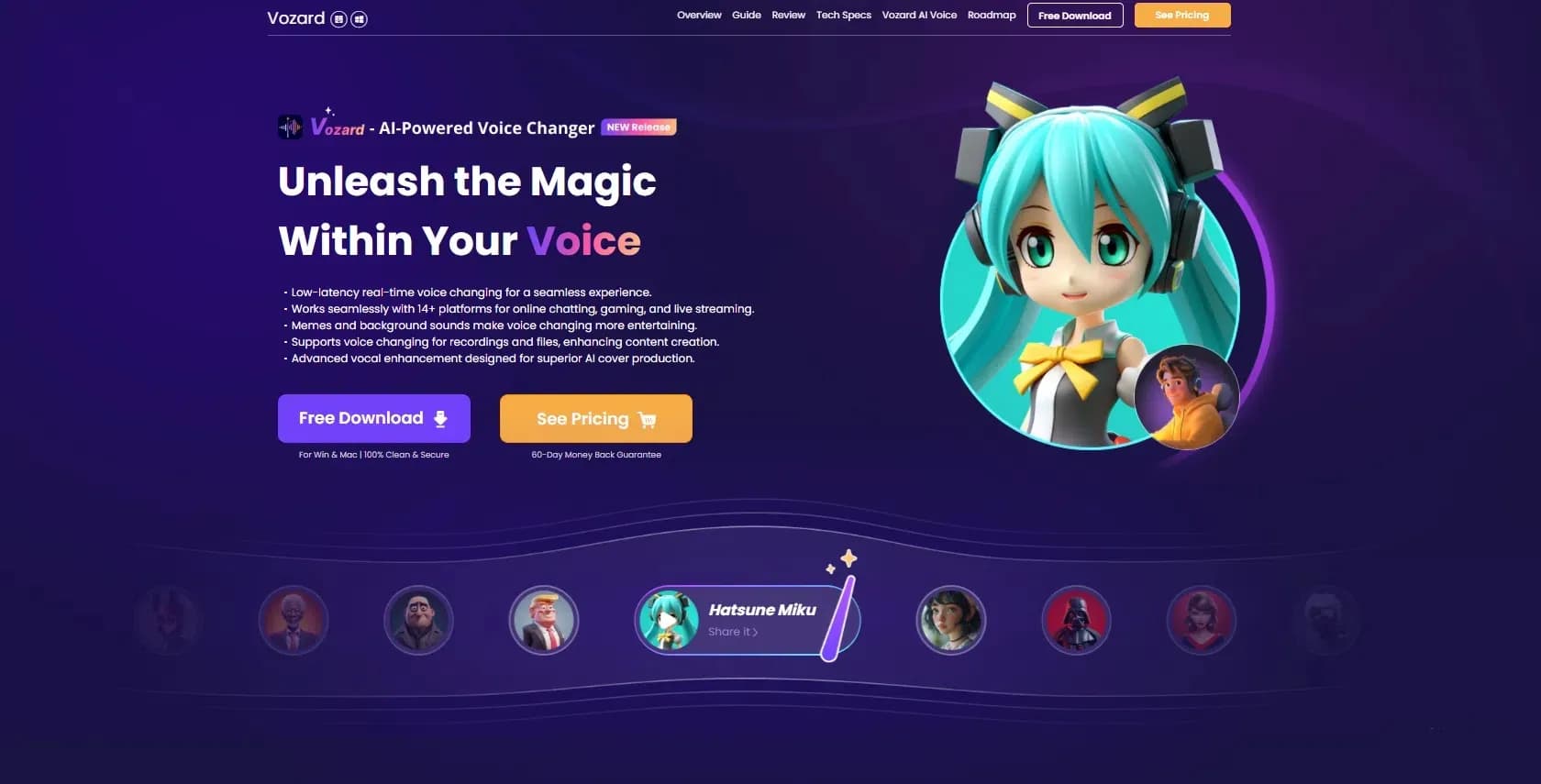 Vozard homepage screenshot — Transform your voice with AI-powered effects