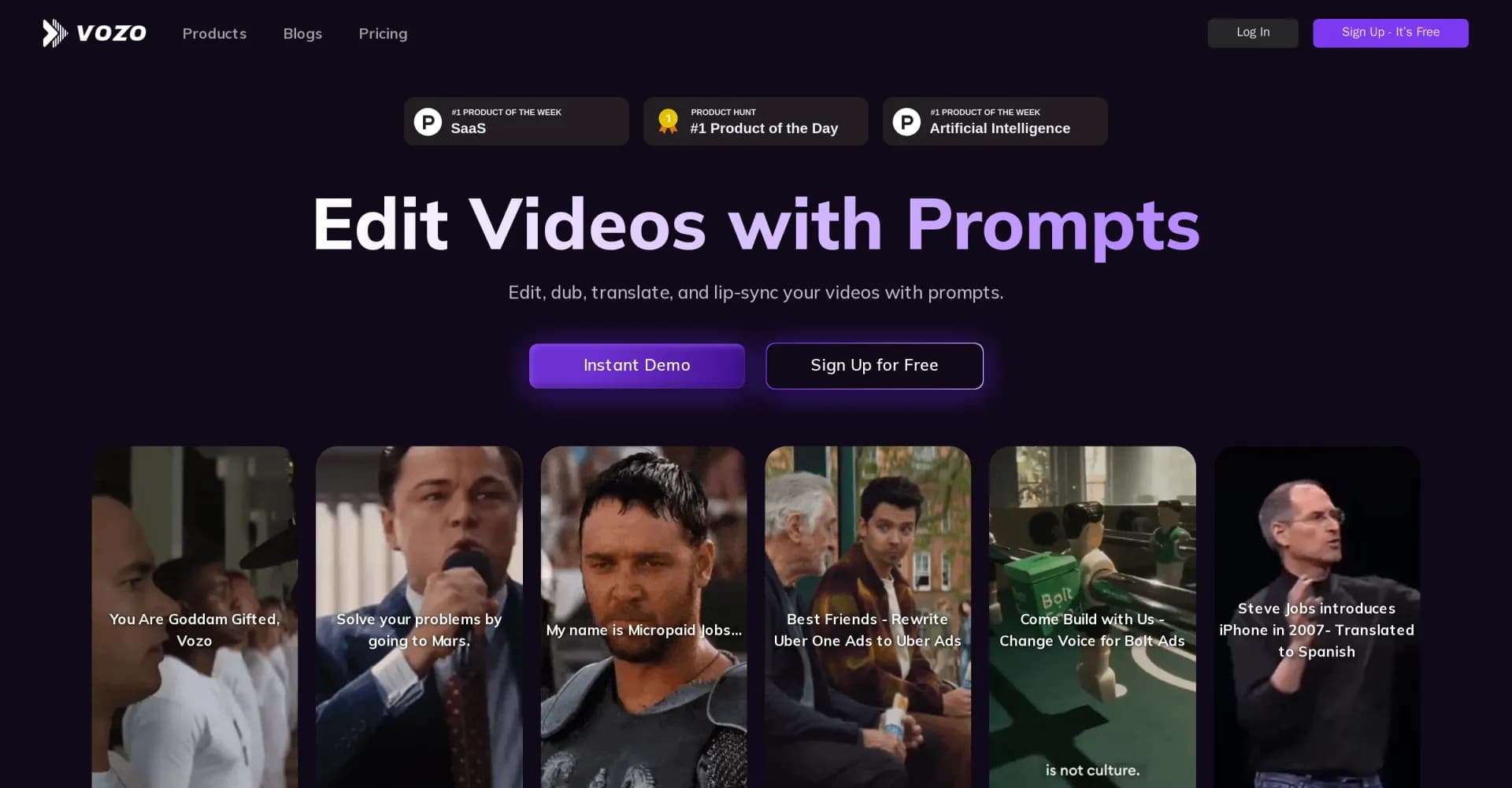 Vozo homepage screenshot — Edit videos with prompts using AI