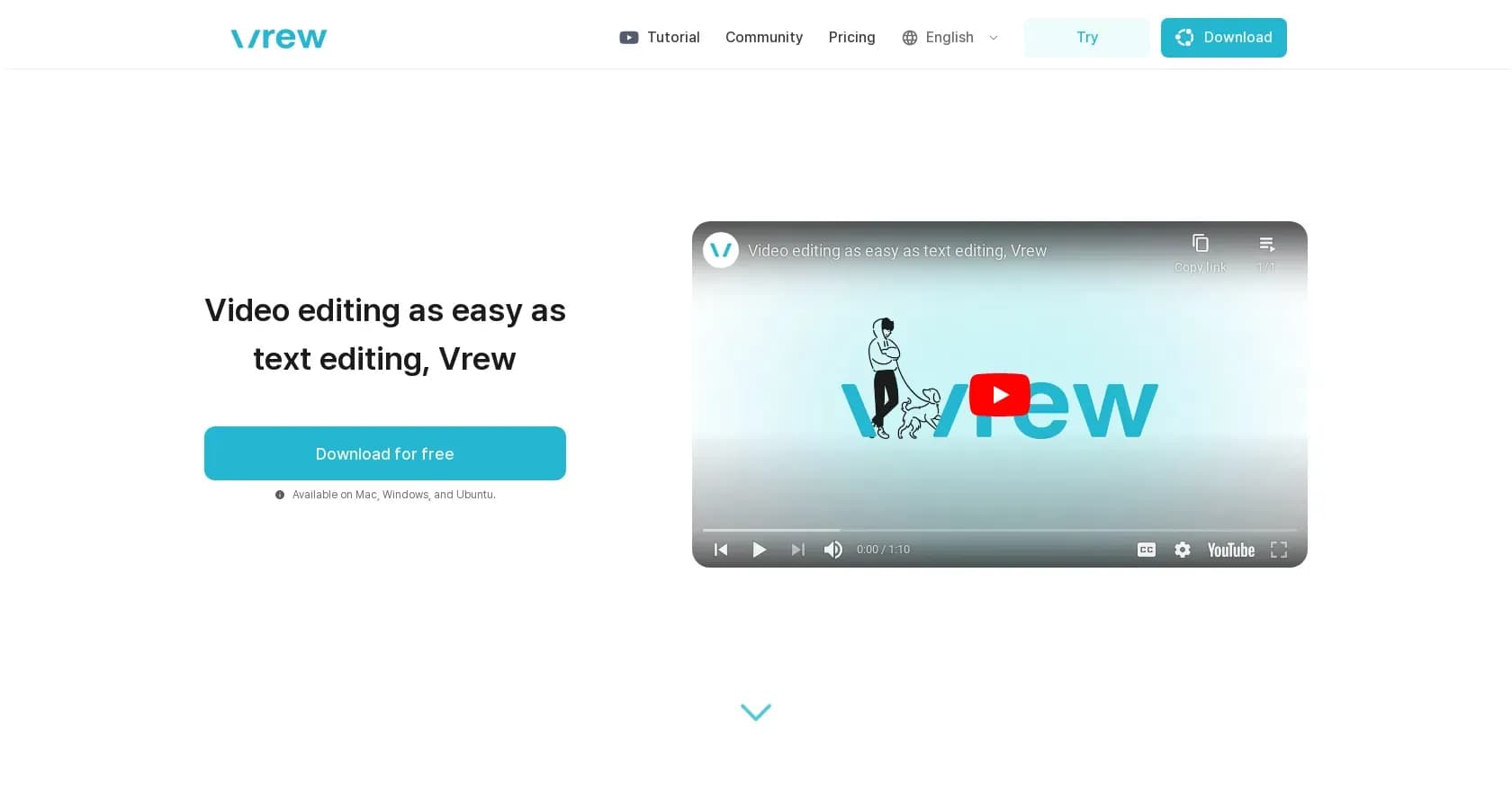 Vrew homepage screenshot — AI-powered video editing as easy as text editing