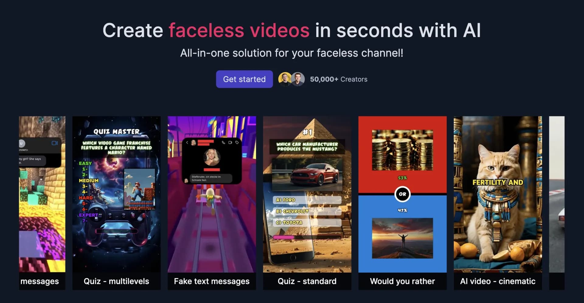 Vsub homepage screenshot — Create faceless videos in seconds with AI