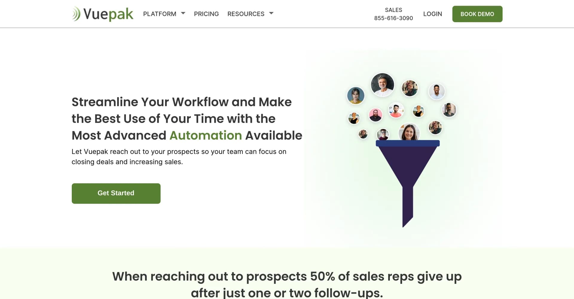 Vuepak homepage screenshot — AI-powered outreach and multimedia delivery to help sales an