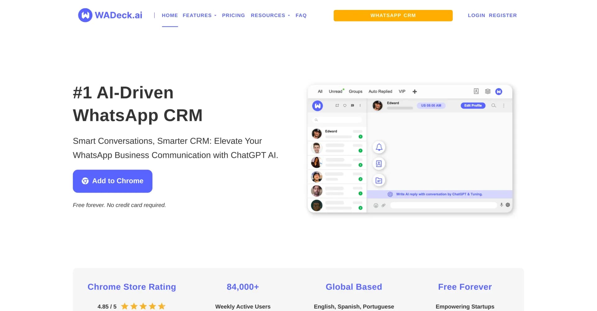 WADeck homepage screenshot — Elevate WhatsApp business with ChatGPT AI CRM.
