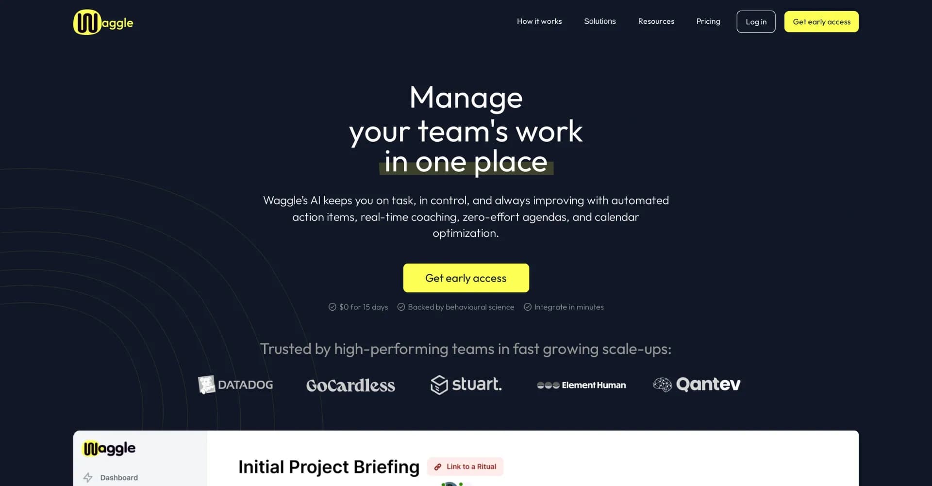 Waggle homepage screenshot — AI co-pilot for managing remote teams effectively