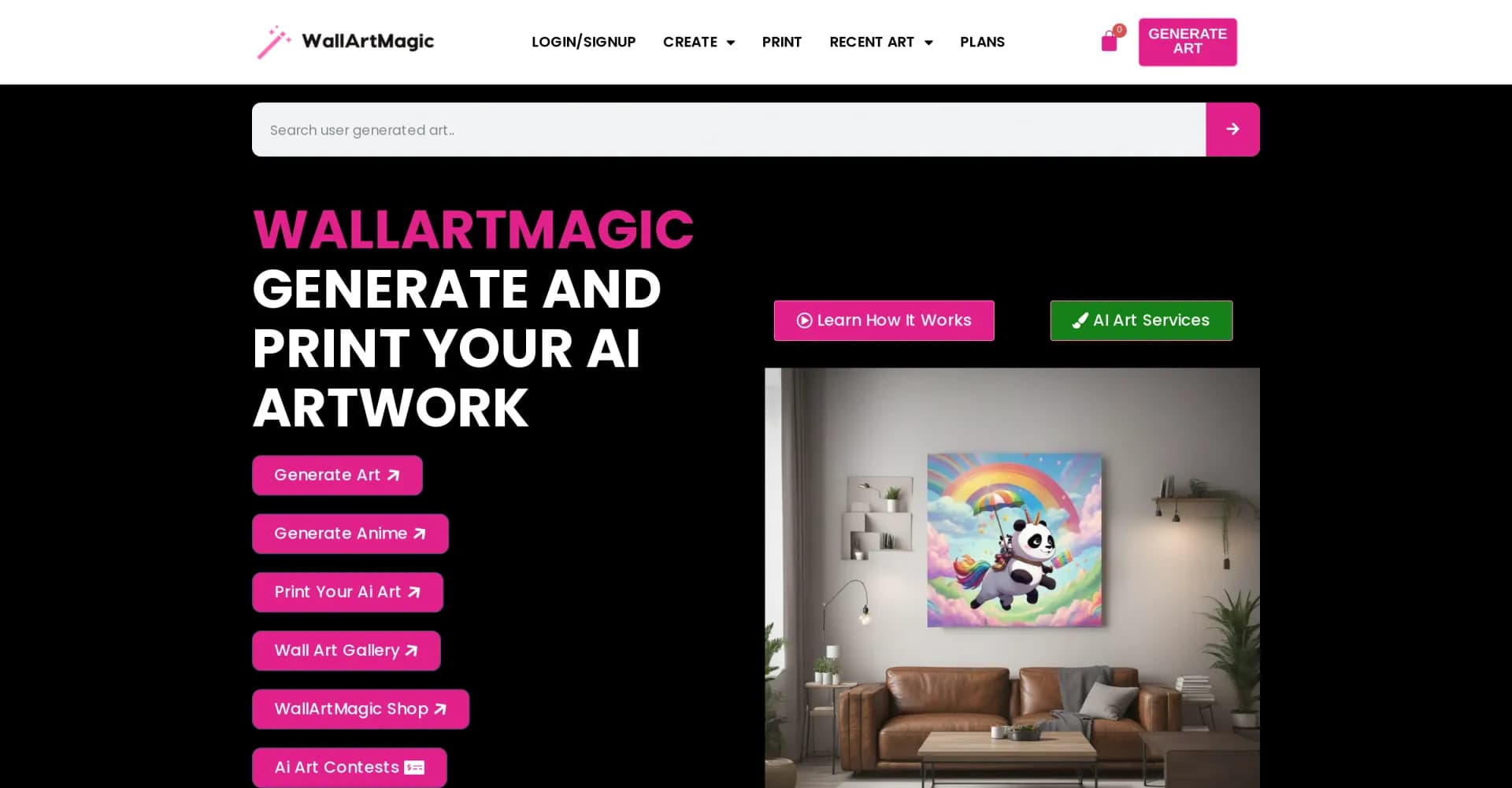 Wall Art Magic homepage screenshot — Transform text into stunning wall art with AI