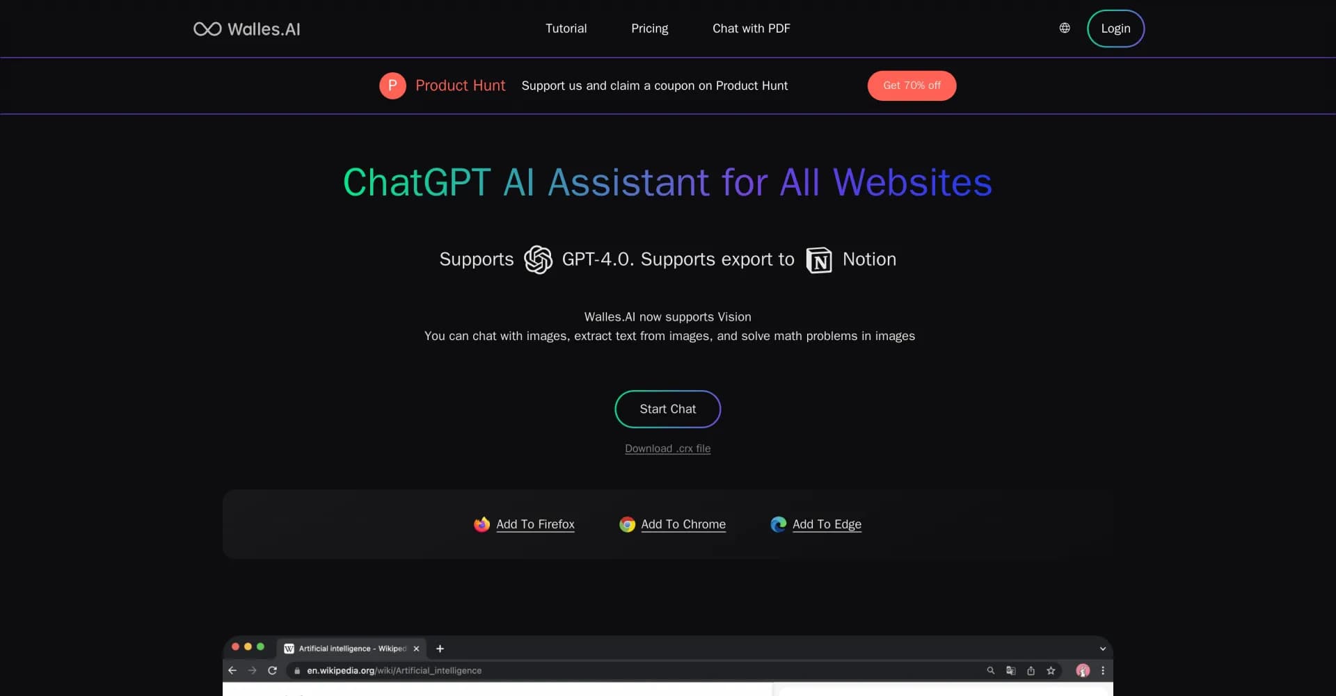 Walles homepage screenshot — Your GPT-4 AI assistant for all websites.