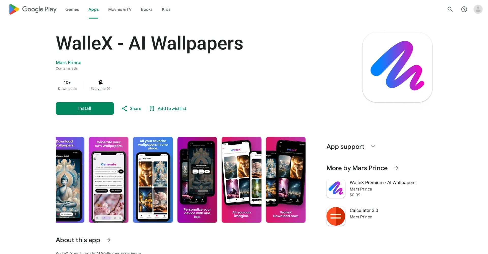 WalleX homepage screenshot — Your Ultimate AI Wallpaper Experience