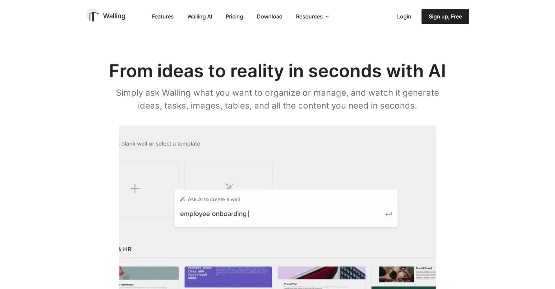 Walling AI homepage screenshot — Organize work and present ideas effortlessly