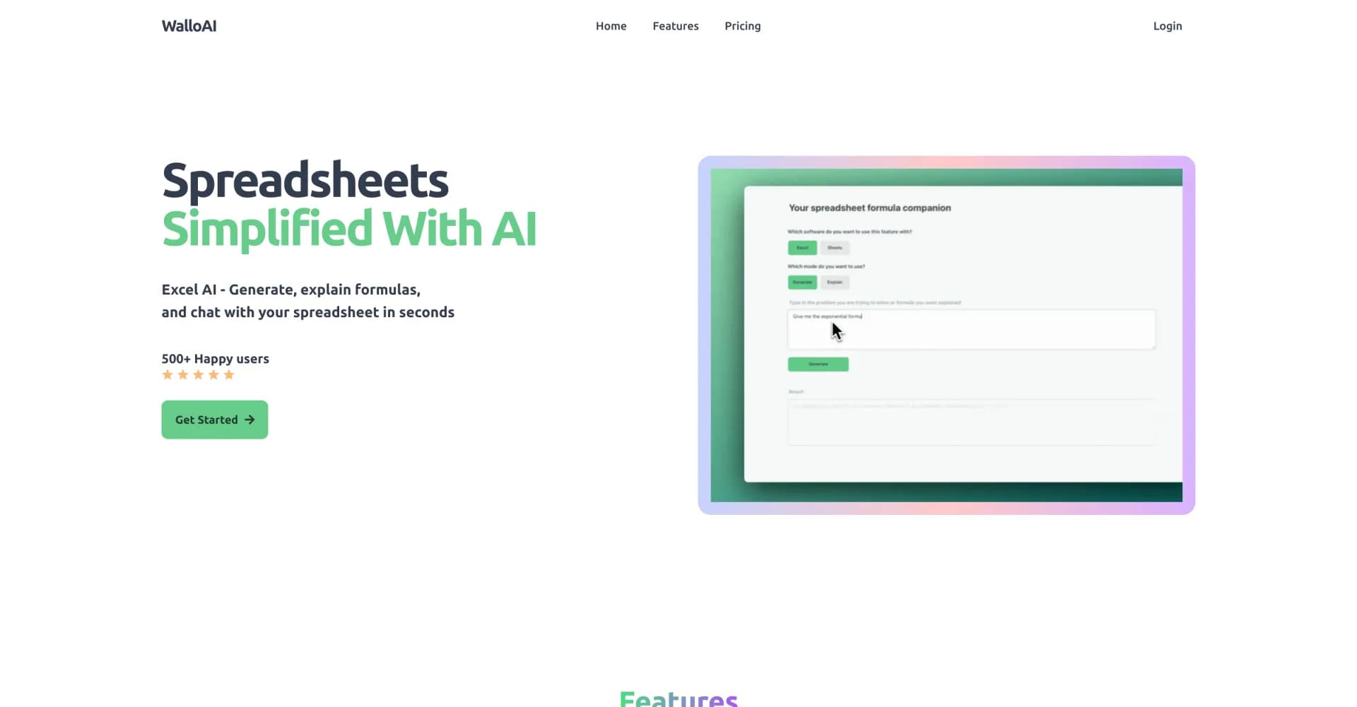 WalloAI homepage screenshot — Simplify Excel with AI-powered assistance.