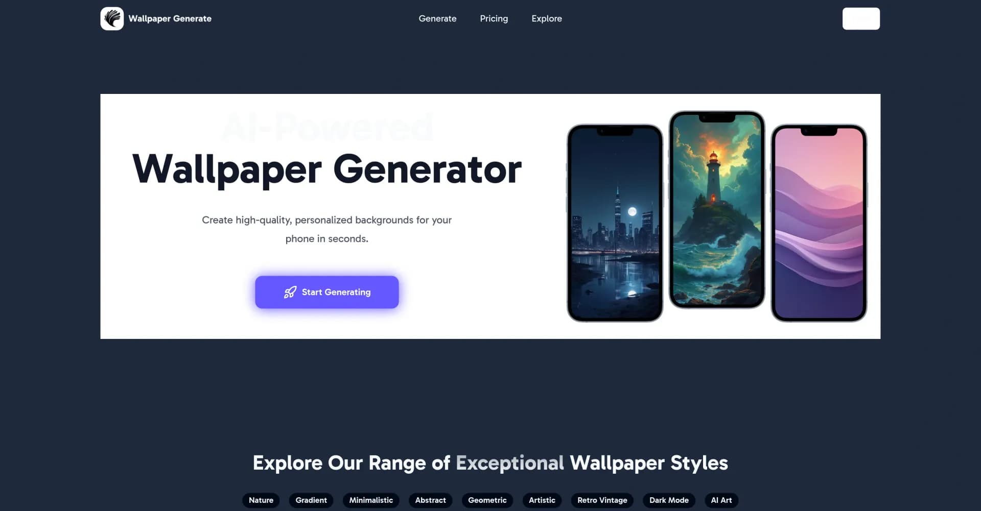 Wallpaper Generate homepage screenshot — Create high-quality phone wallpapers in seconds with AI.