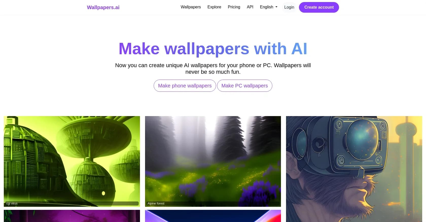 Wallpapers AI homepage screenshot — Create unique AI-generated wallpapers for any device