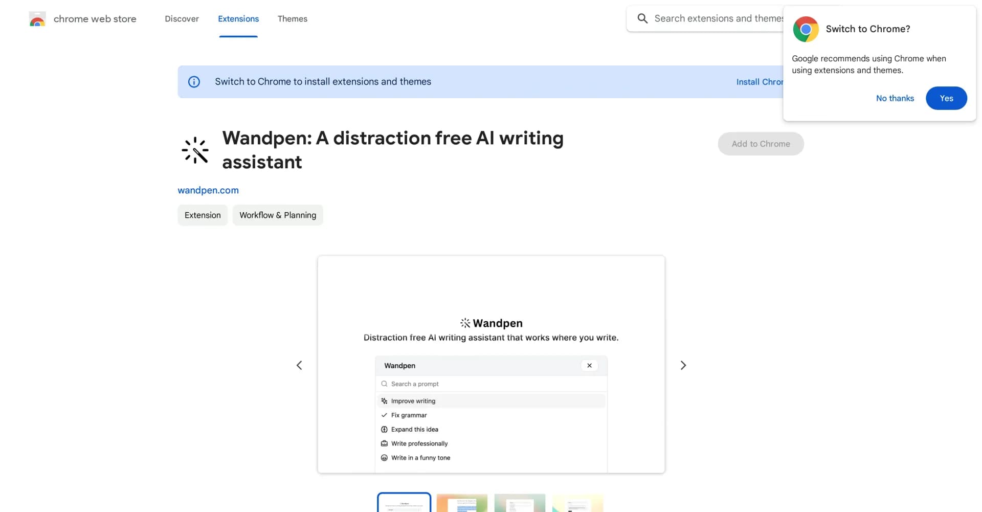 Wandpen homepage screenshot — Instantly improve your writing with AI without changing tabs
