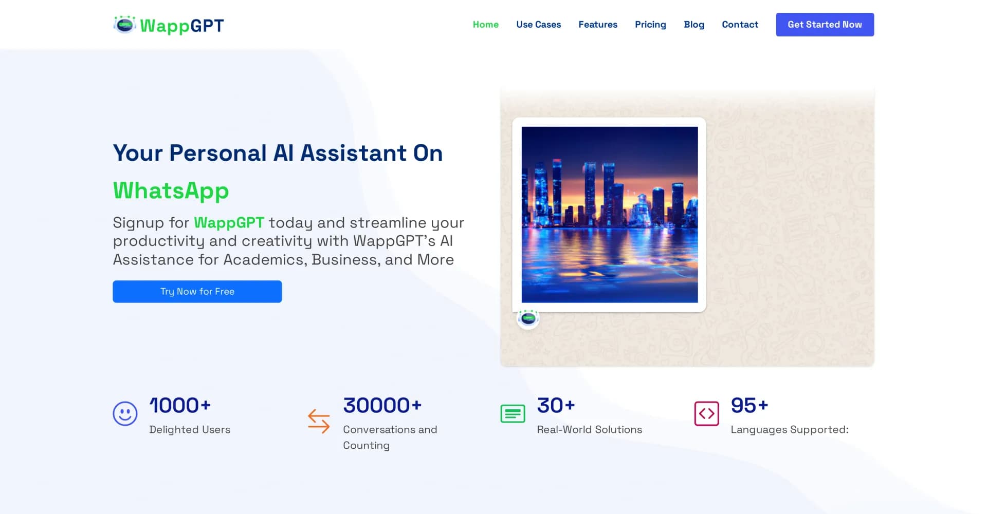 WappGPT homepage screenshot — Your personal AI assistant on WhatsApp