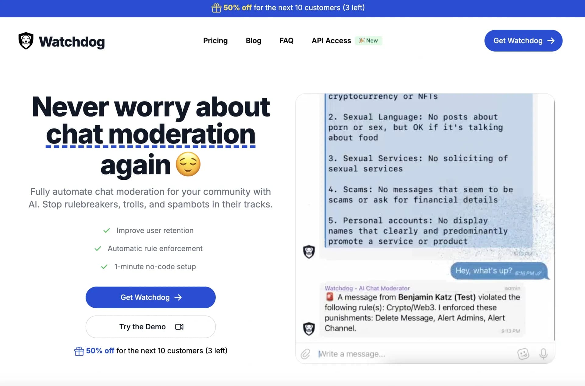 Watchdog - AI Content Moderator homepage screenshot — Fully automate content moderation for your X, Discord, Teleg