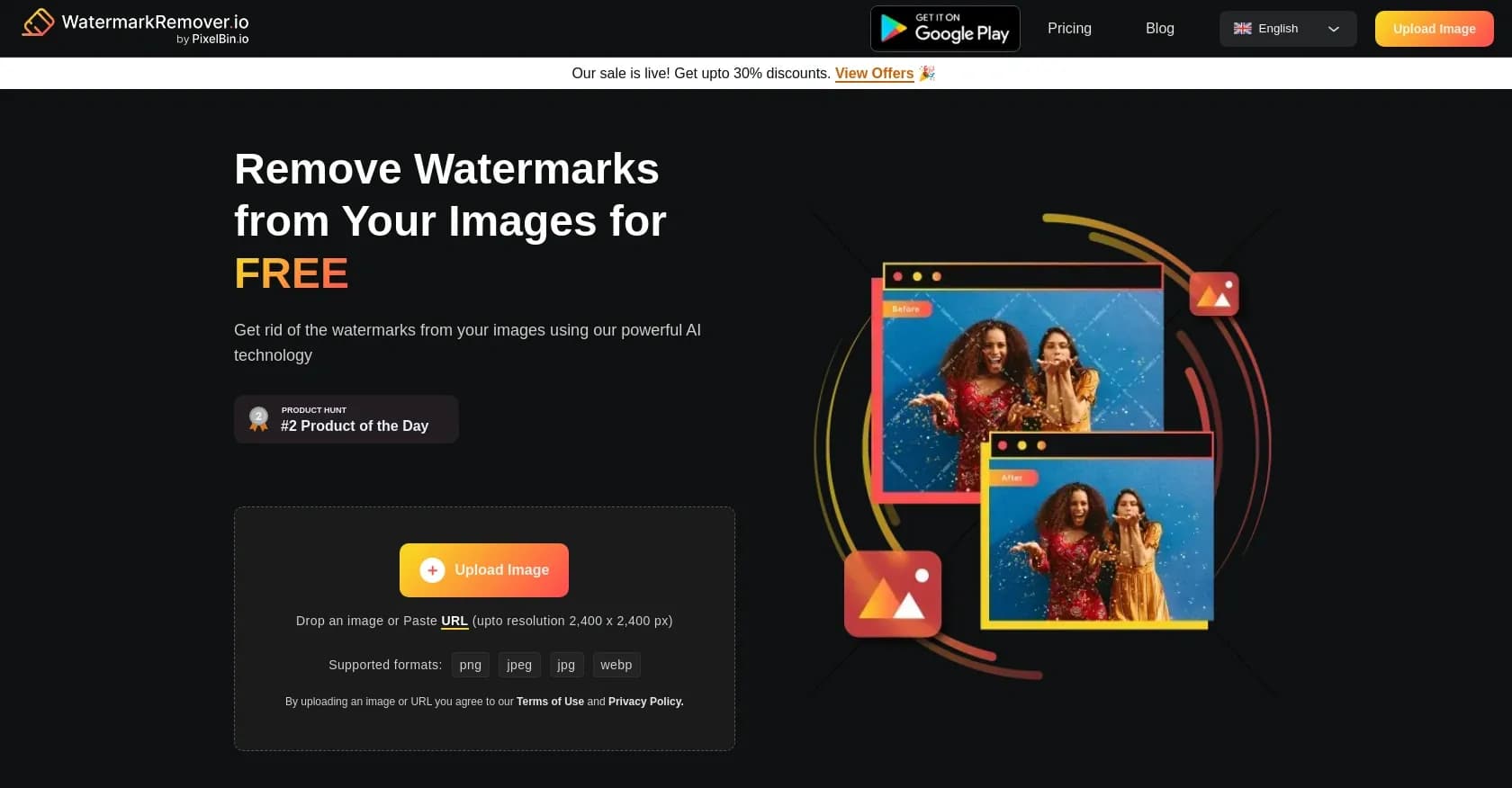 Watermark Remover homepage screenshot — Remove watermarks from images with AI technology