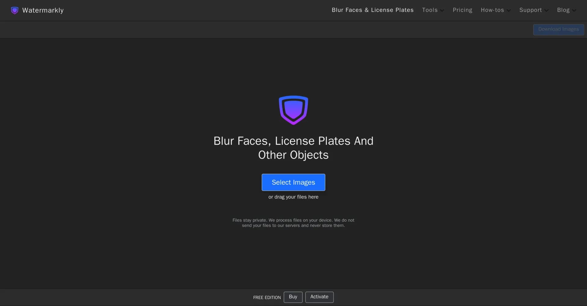 Watermarkly homepage screenshot — Blur faces and license plates online for free