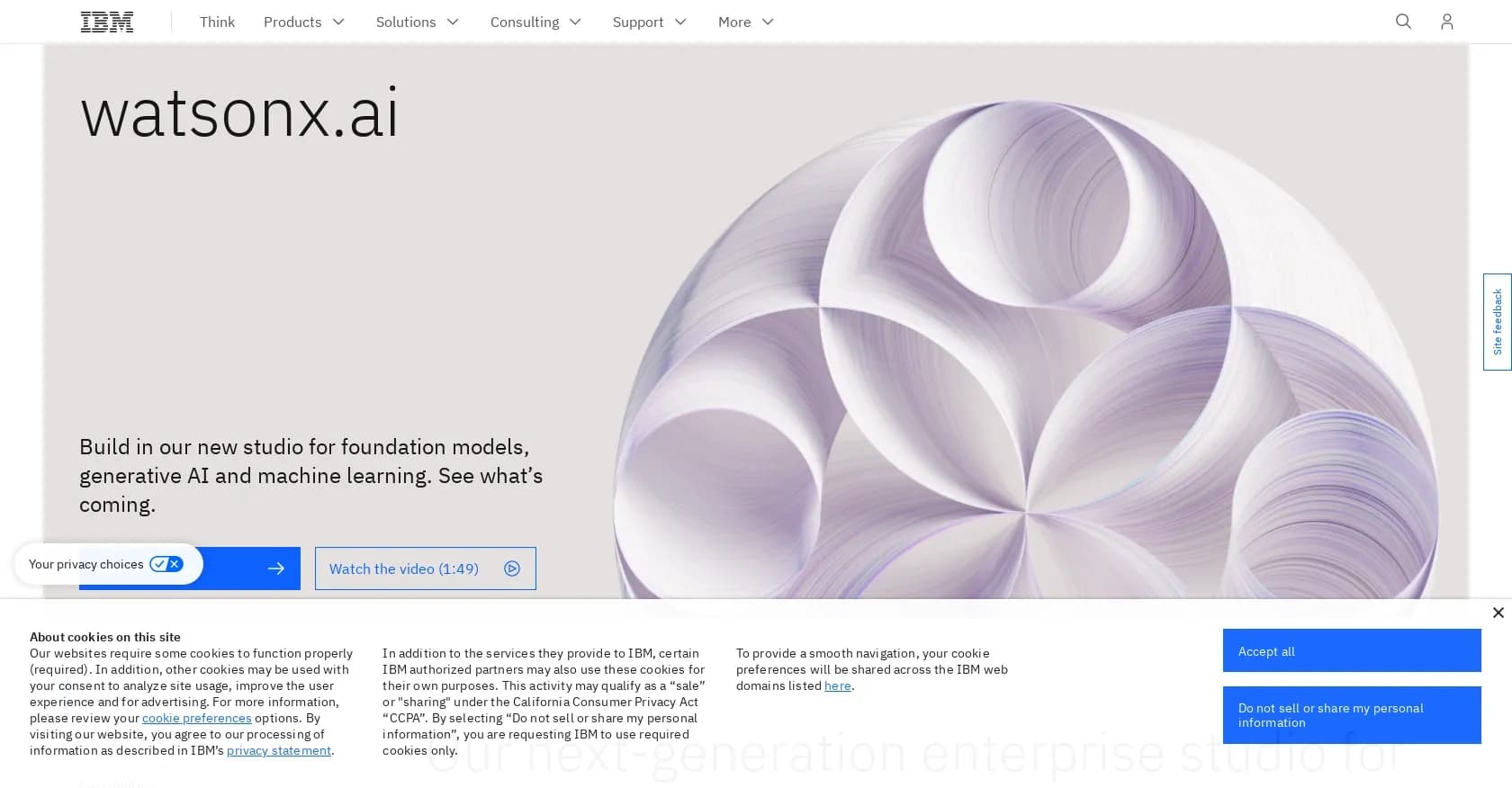 WatsonX.ai by IBM homepage screenshot — Build AI with foundation models, generative AI and machine l