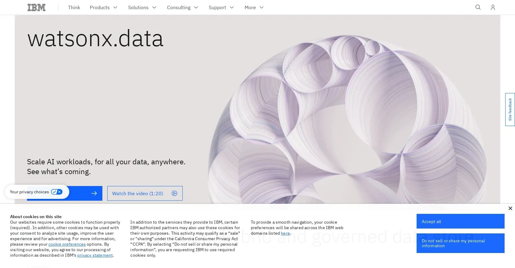WatsonX.data by IBM homepage screenshot — Scale AI workloads for all your data, anywhere.