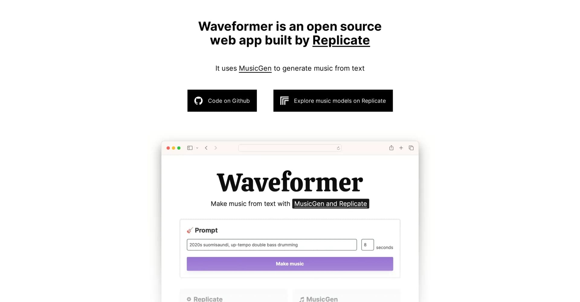 Waveformer homepage screenshot — Turn text into music with AI