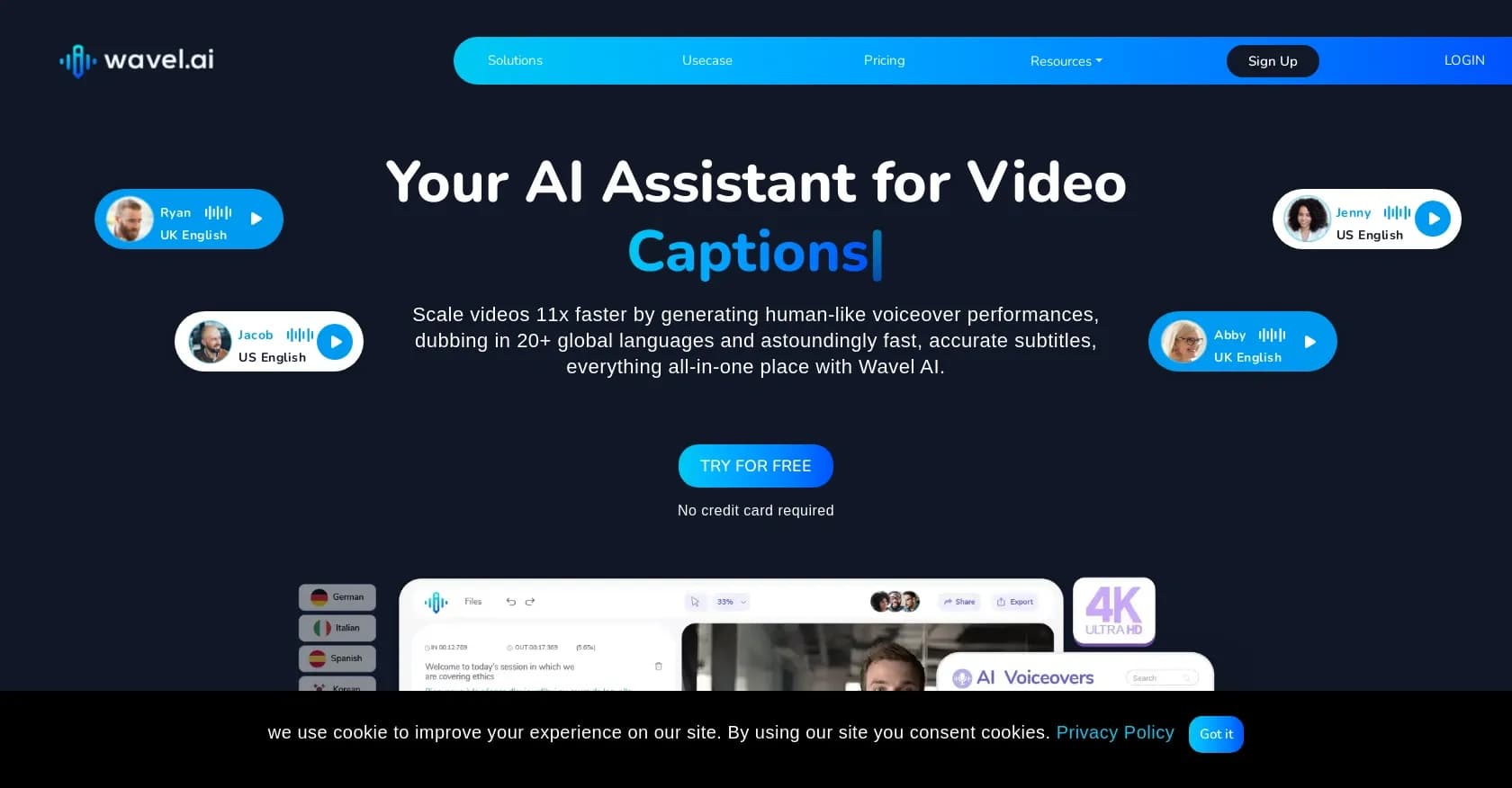 Wavel AI homepage screenshot — Natural AI voices for videos and localization