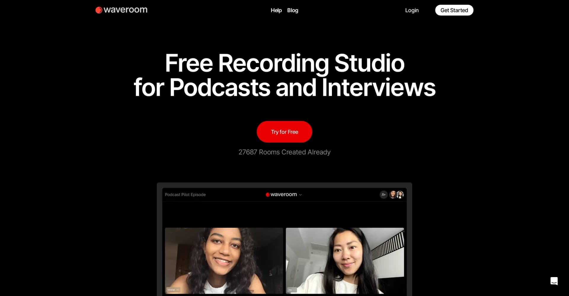 Waveroom homepage screenshot — Record podcasts and interviews in studio quality, remotely.