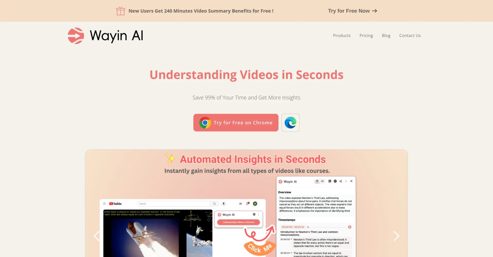 Wayin AI homepage screenshot — Understand videos in seconds with AI-powered insights.