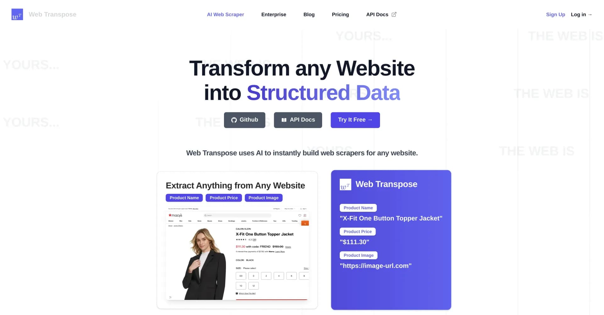 Web Transpose homepage screenshot — Transform any website into structured data instantly.