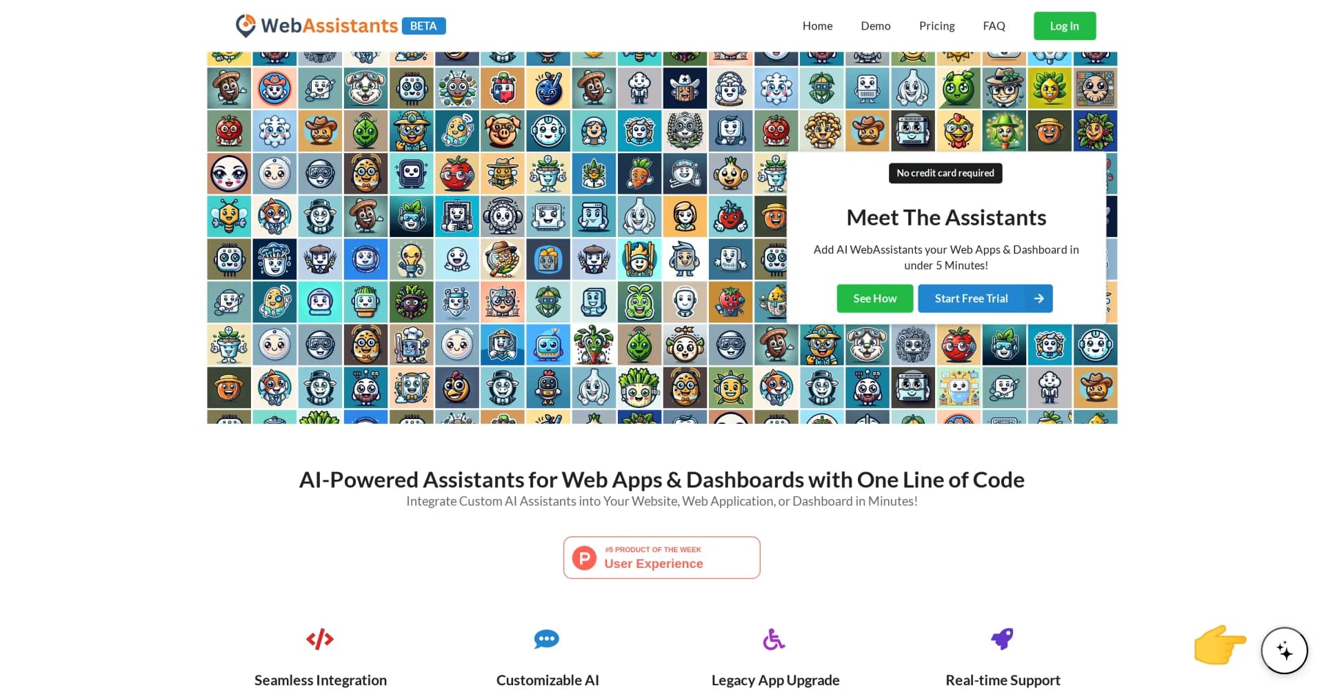 WebAssistants.ai homepage screenshot — Add custom AI assistants to your website in minutes.