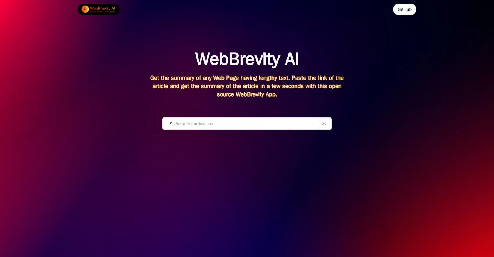 WebBrevity homepage screenshot — Instant web page summaries at your fingertips.