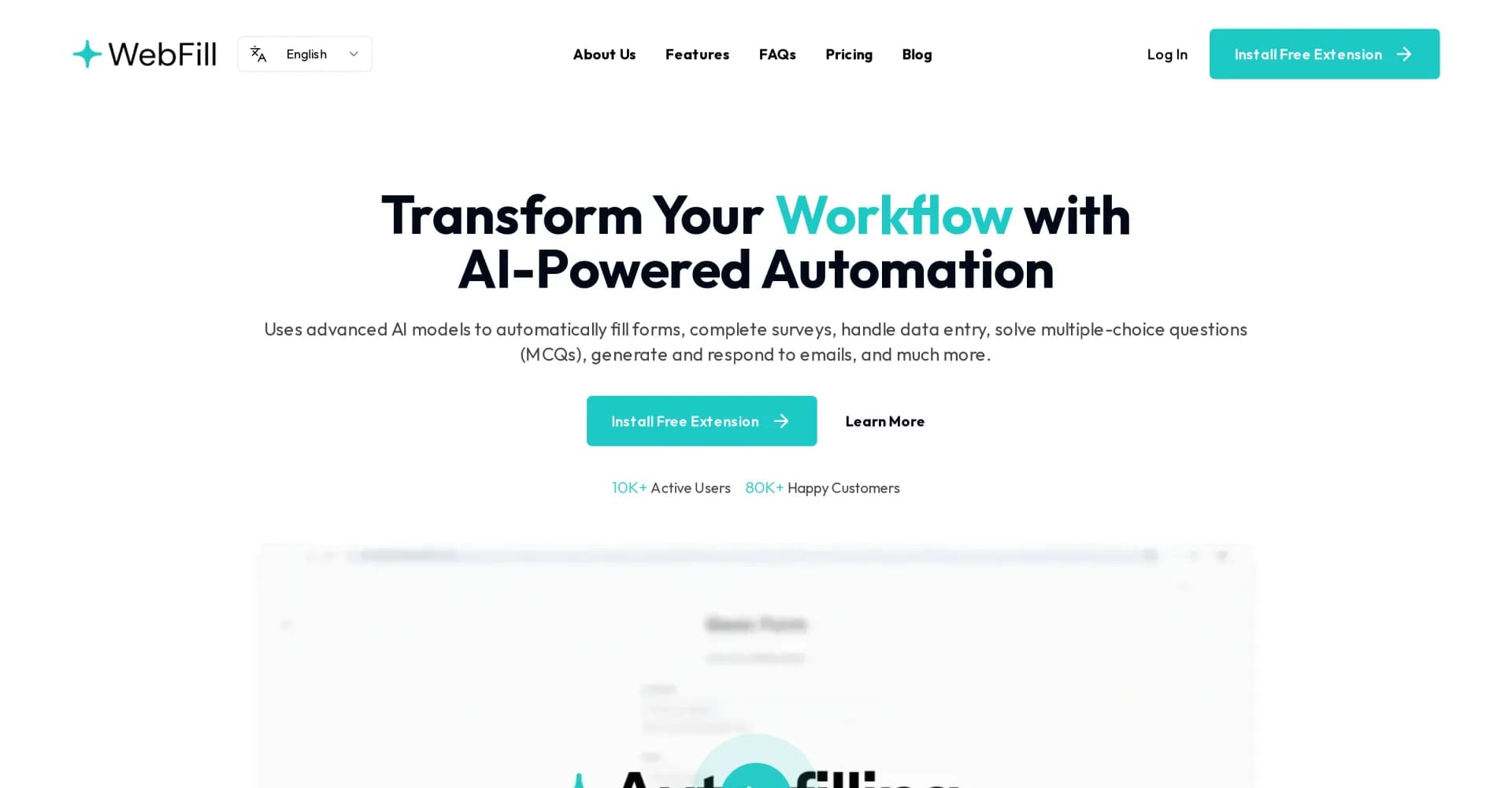 WebFill homepage screenshot — Filling forms and emails, solving MCQs, for students and pro
