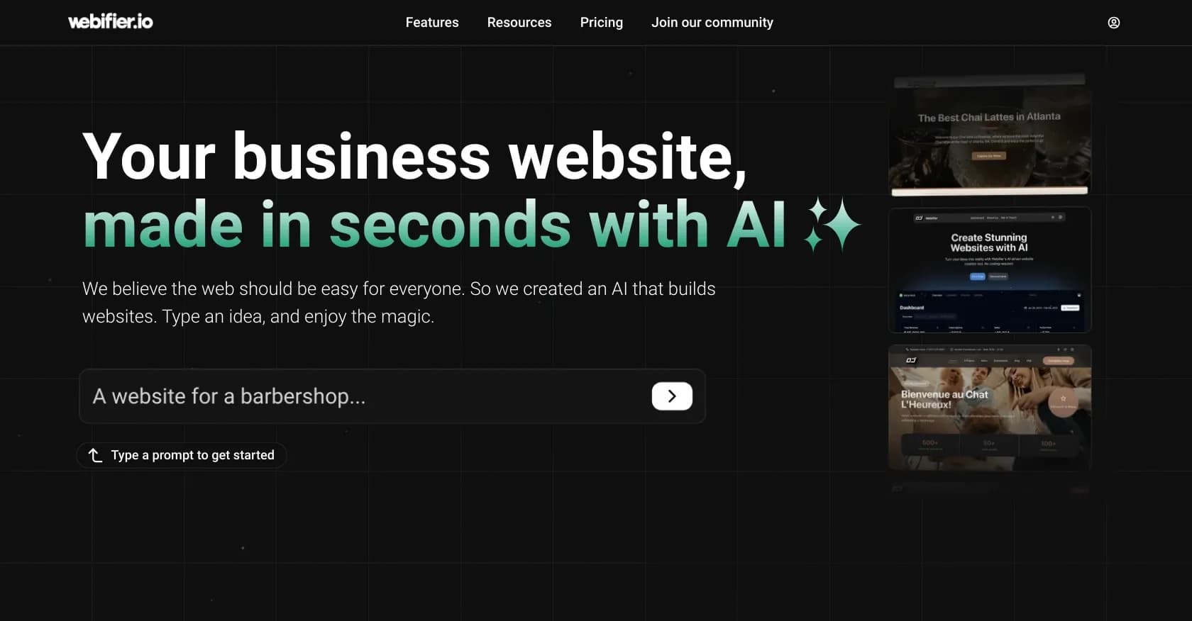 Webifier homepage screenshot — AI-powered website creation in seconds.