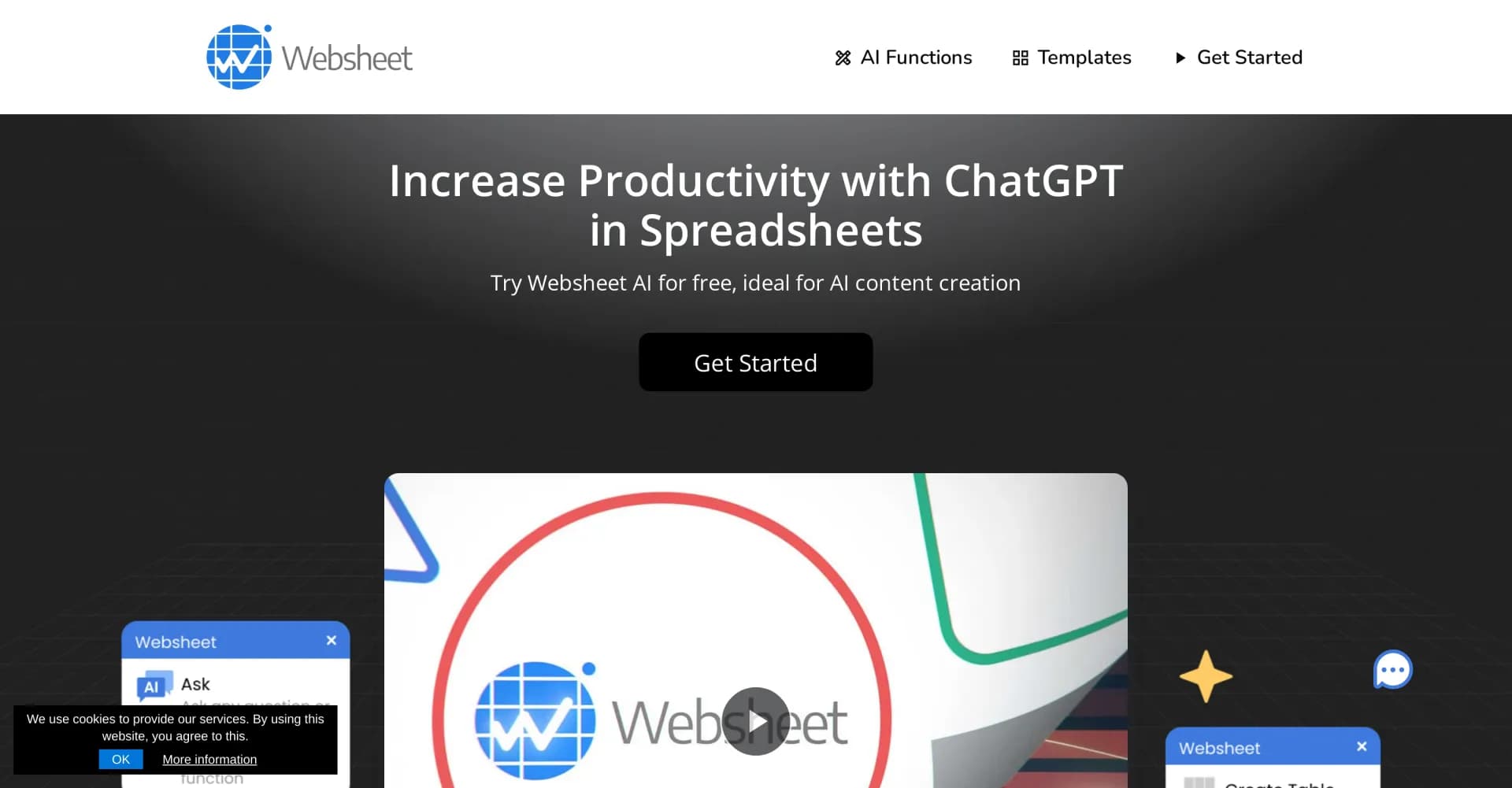 Websheet AI homepage screenshot — ChatGPT in spreadsheets: Boost productivity with AI