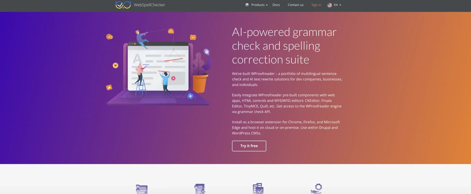 WebSpellChecker homepage screenshot — Multilingual spelling and grammar check for web apps.