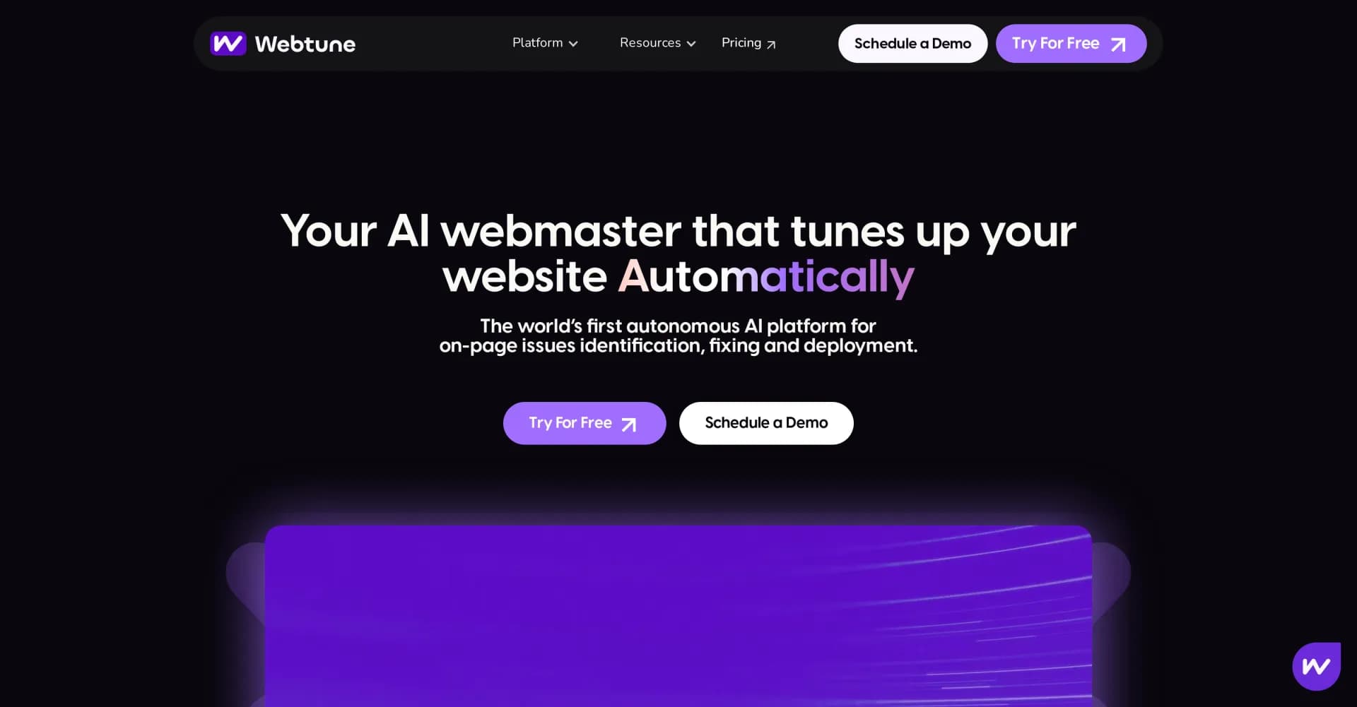 Webtune AI homepage screenshot — AI webmaster that tunes up your website automatically