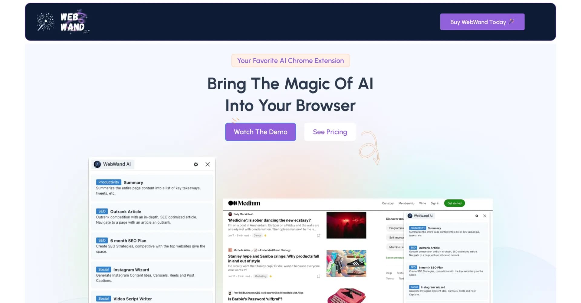 WebWand AI homepage screenshot — Bring the magic of AI into your browser
