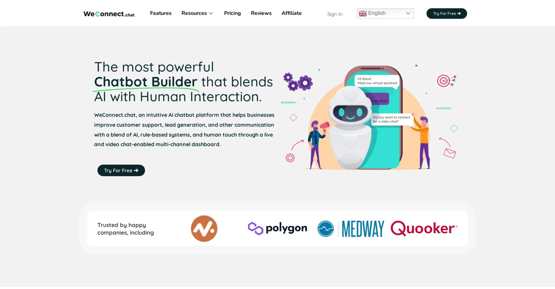 WeConnect.chat homepage screenshot — Build no-code chatbots with video chat functionality
