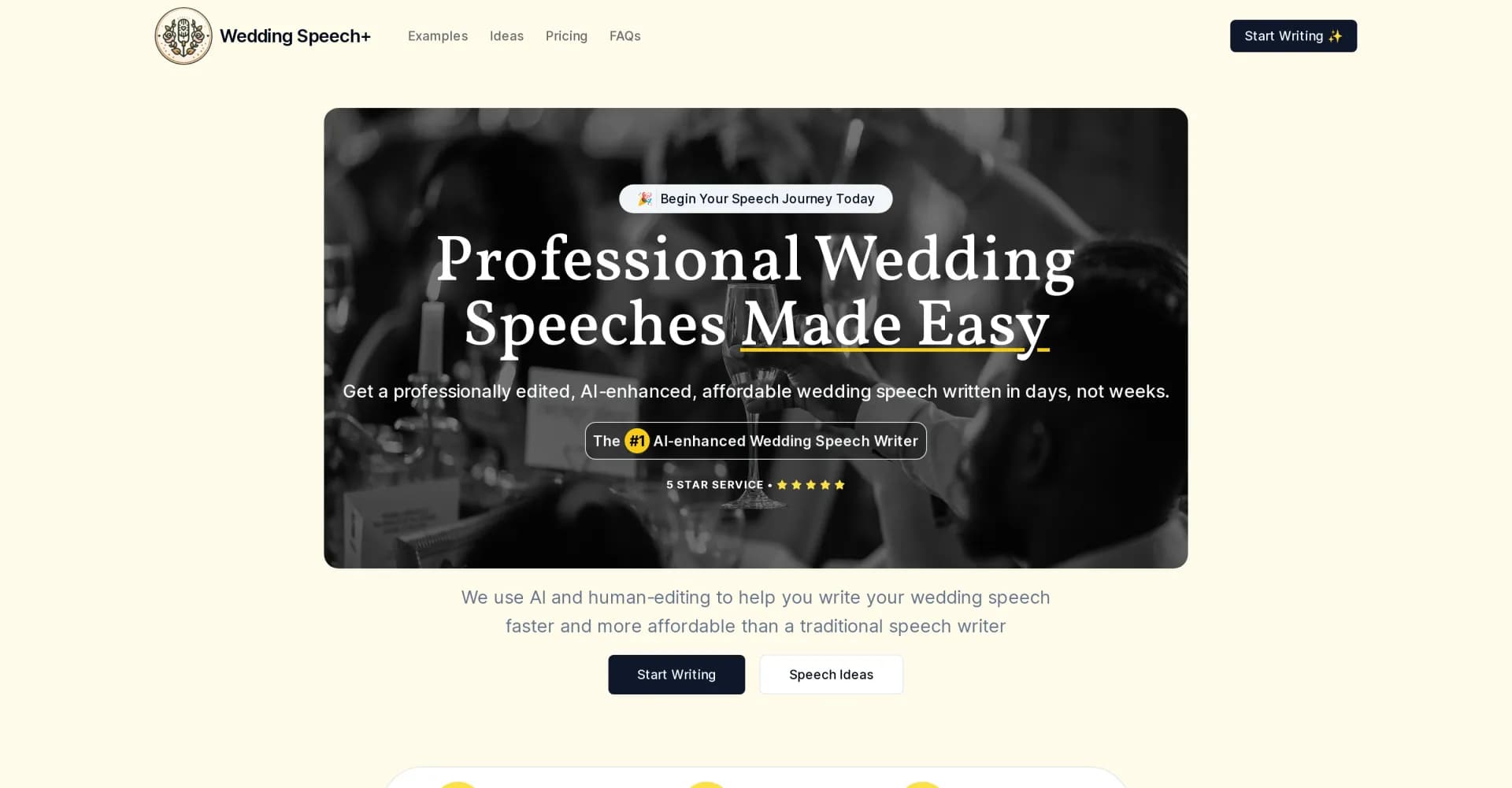 Wedding Speech homepage screenshot — AI-enhanced wedding speeches, professionally edited and affo